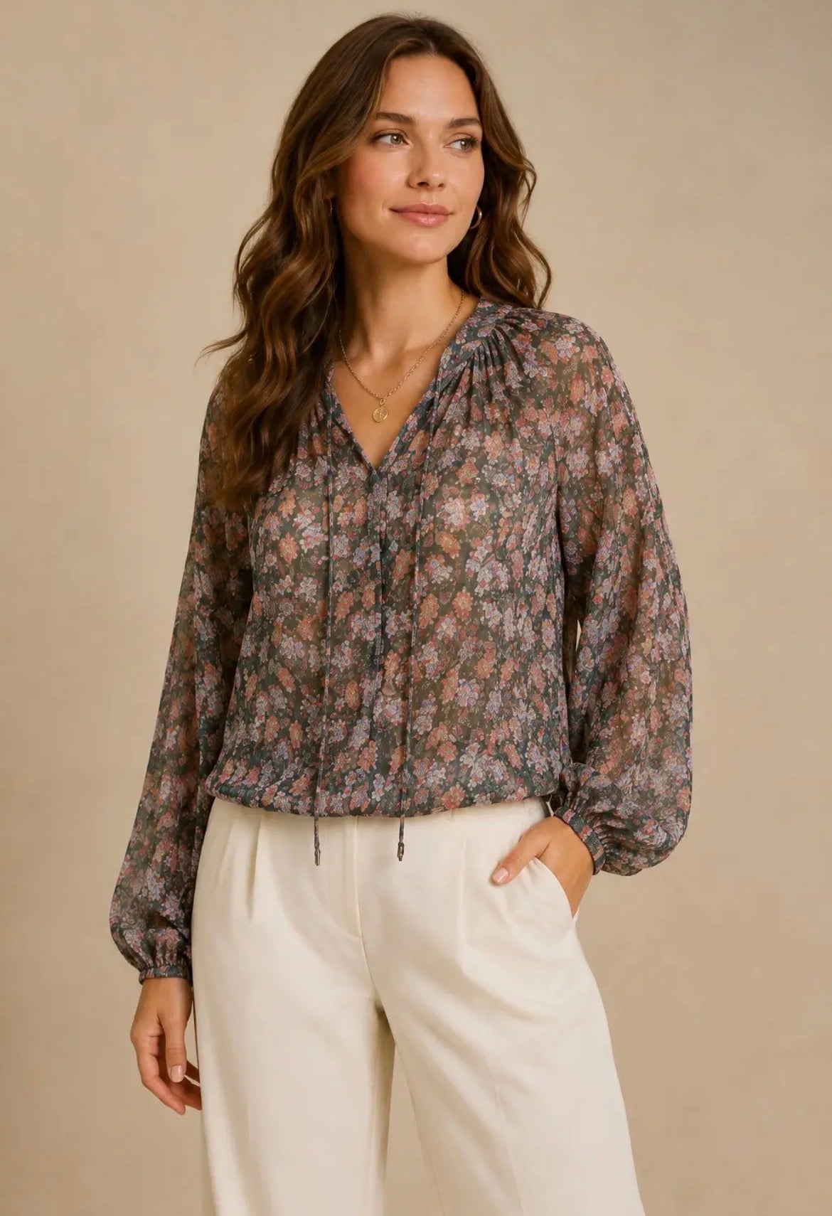 NICABEL Chiffon Long Sleeve Blouse with Neck Ruffles/Tie Hunter Green Print