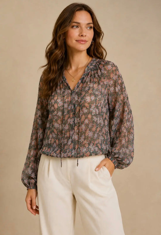 NICABEL Chiffon Long Sleeve Blouse with Neck Ruffles/Tie Hunter Green Print