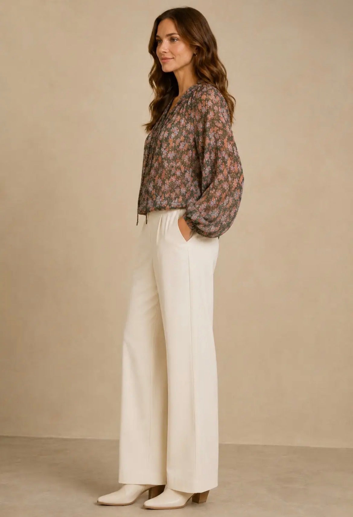 NICABEL Chiffon Long Sleeve Blouse with Neck Ruffles/Tie Hunter Green Print