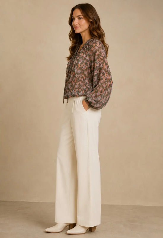 NICABEL Chiffon Long Sleeve Blouse with Neck Ruffles/Tie Hunter Green Print