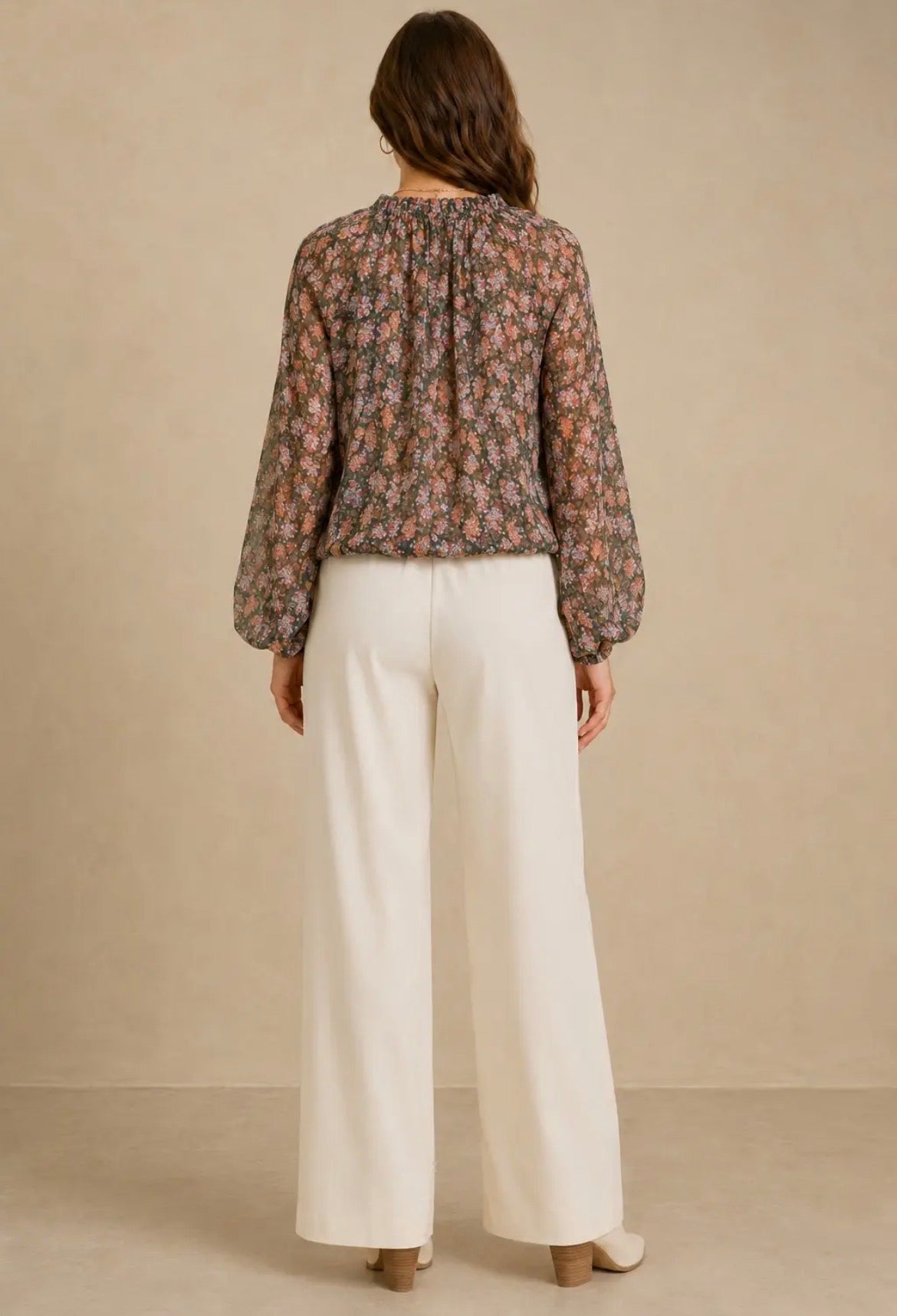 NICABEL Chiffon Long Sleeve Blouse with Neck Ruffles/Tie Hunter Green Print