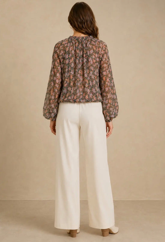 NICABEL Chiffon Long Sleeve Blouse with Neck Ruffles/Tie Hunter Green Print