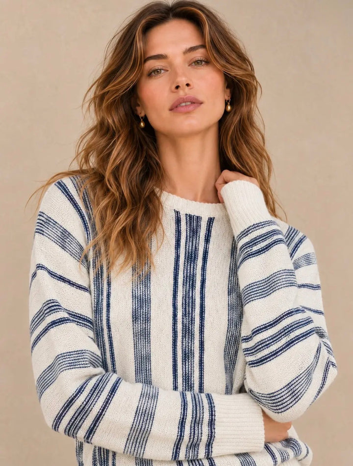 NICABEL Mixed Directional Striped Textured Knit Crew Neck Sweater Blue/Cream