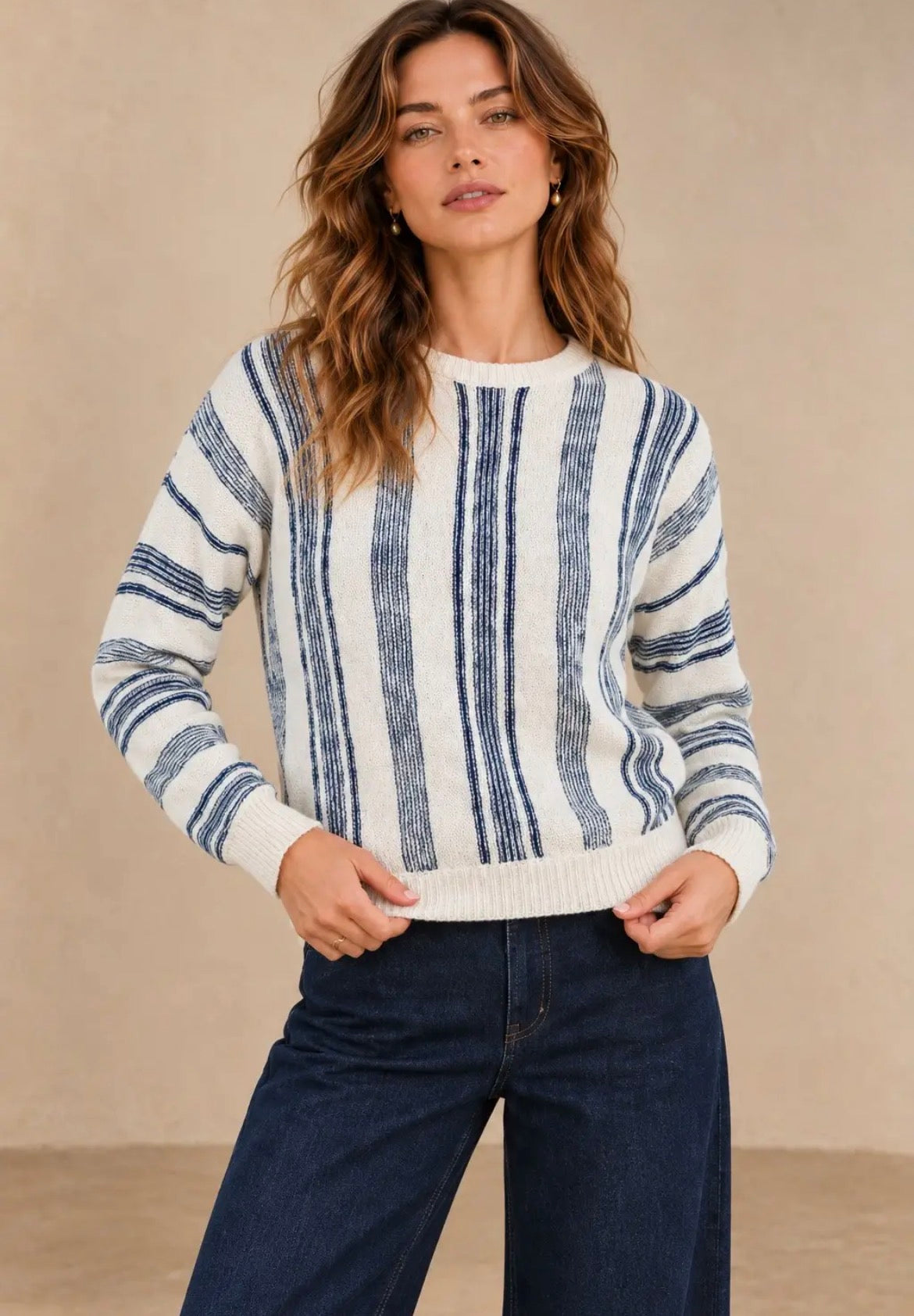 NICABEL Mixed Directional Striped Textured Knit Crew Neck Sweater Blue/Cream