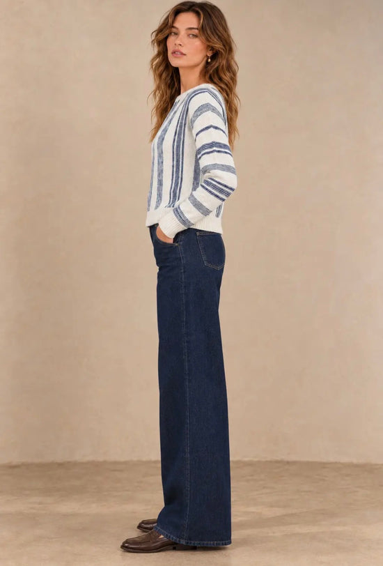 NICABEL Mixed Directional Striped Textured Knit Crew Neck Sweater Blue/Cream