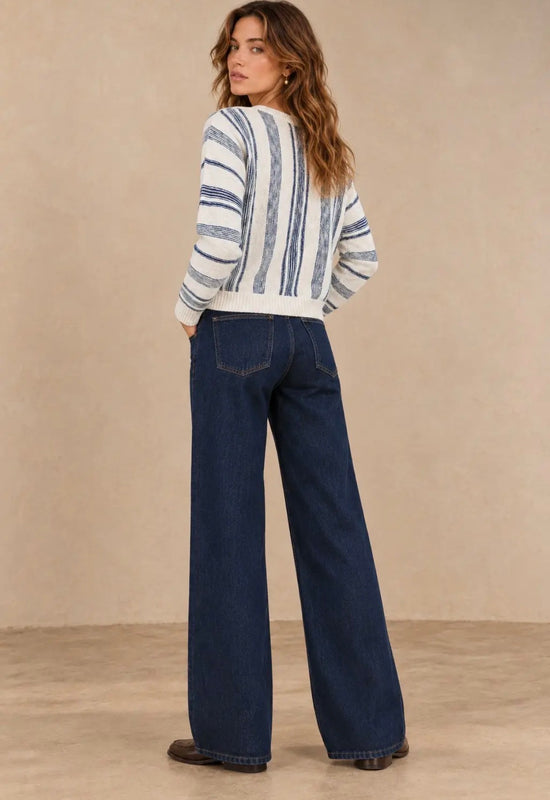 NICABEL Mixed Directional Striped Textured Knit Crew Neck Sweater Blue/Cream