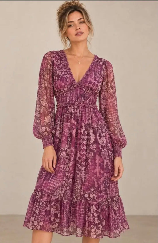 NICABEL Plum Medallion Lurex V Neck Ruffle Pleated Midi Dress