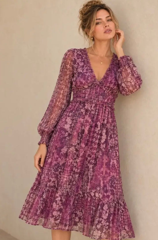 NICABEL Plum Medallion Lurex V Neck Ruffle Pleated Midi Dress