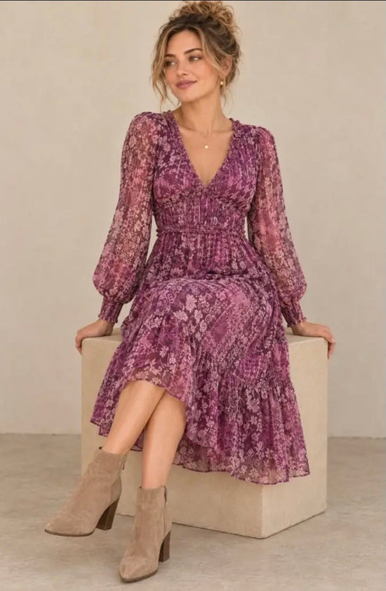 NICABEL Plum Medallion Lurex V Neck Ruffle Pleated Midi Dress