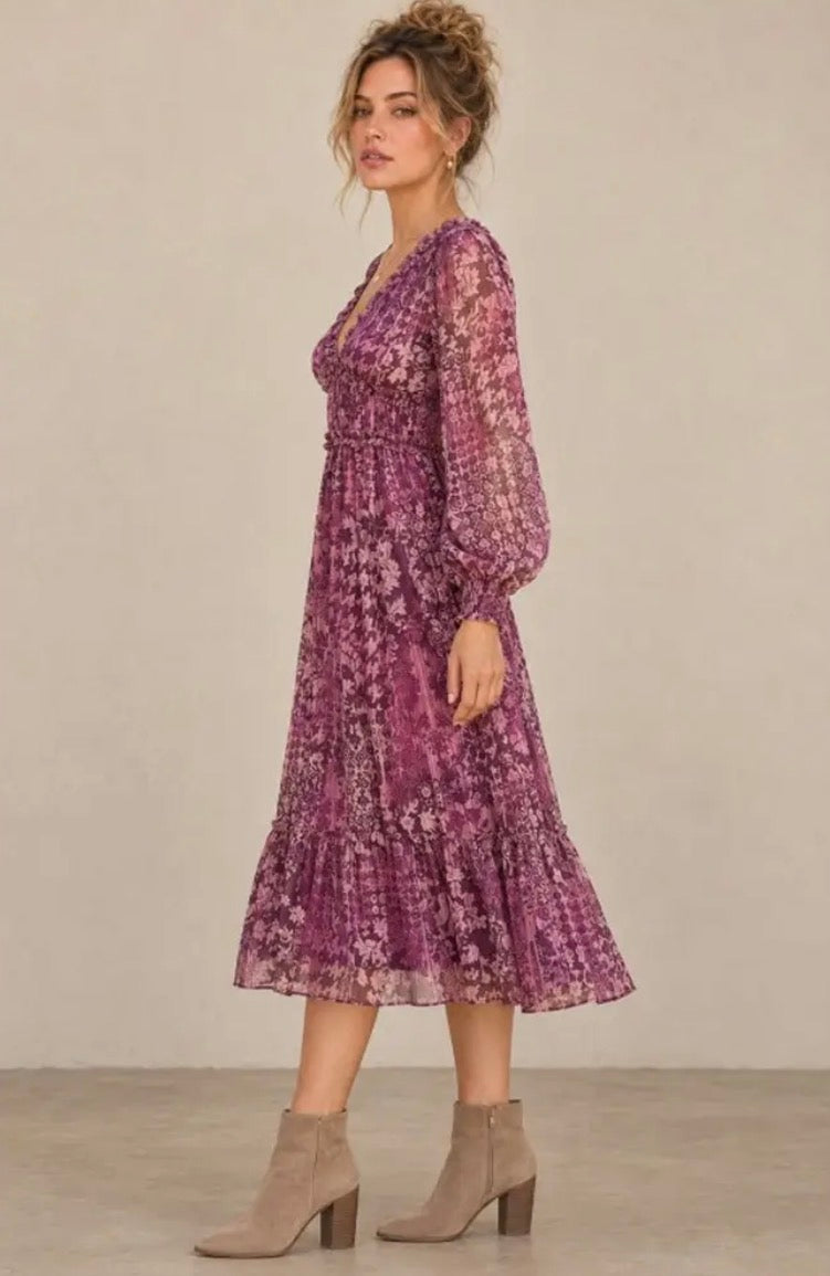 NICABEL Plum Medallion Lurex V Neck Ruffle Pleated Midi Dress