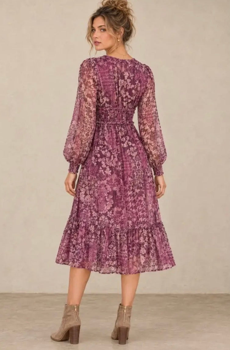 NICABEL Plum Medallion Lurex V Neck Ruffle Pleated Midi Dress