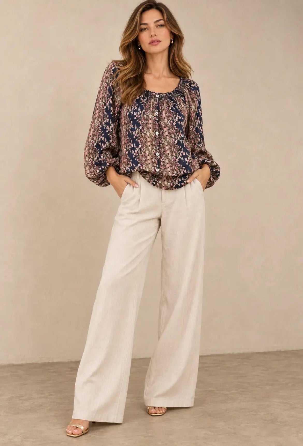 NICABEL Smocked Long Sleeve Blouse Navy Multi Pattern