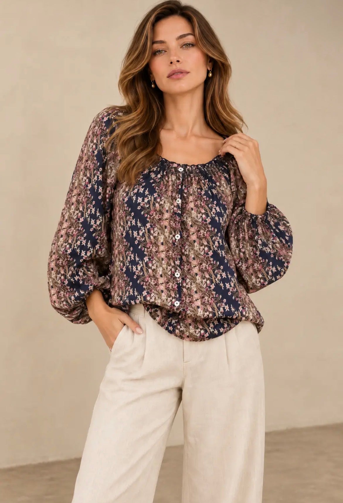 NICABEL Smocked Long Sleeve Blouse Navy Multi Pattern
