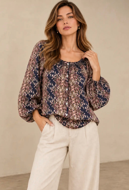 NICABEL Smocked Long Sleeve Blouse Navy Multi Pattern