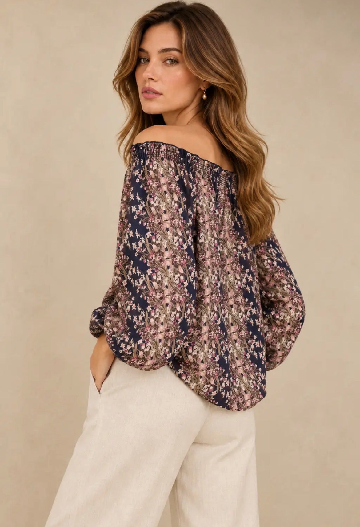 NICABEL Smocked Long Sleeve Blouse Navy Multi Pattern