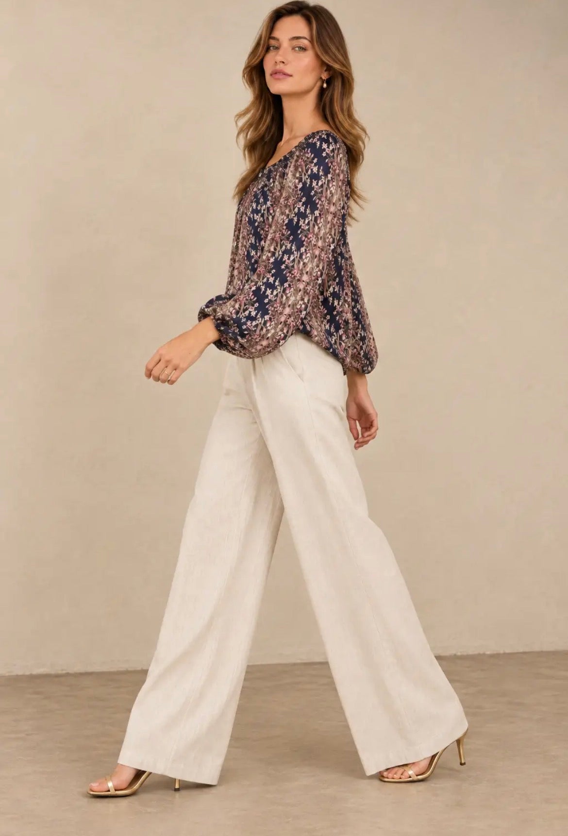 NICABEL Smocked Long Sleeve Blouse Navy Multi Pattern