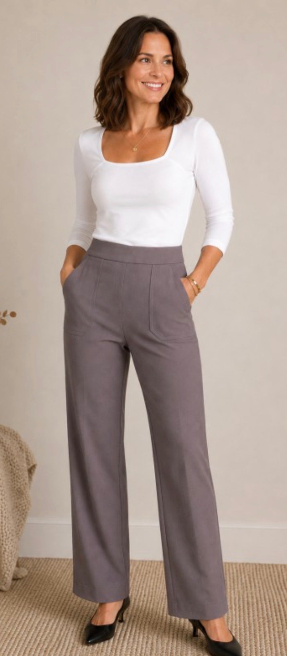 PINE Twill Stretch Wide Leg Patch Pockets Dress Pants Grey