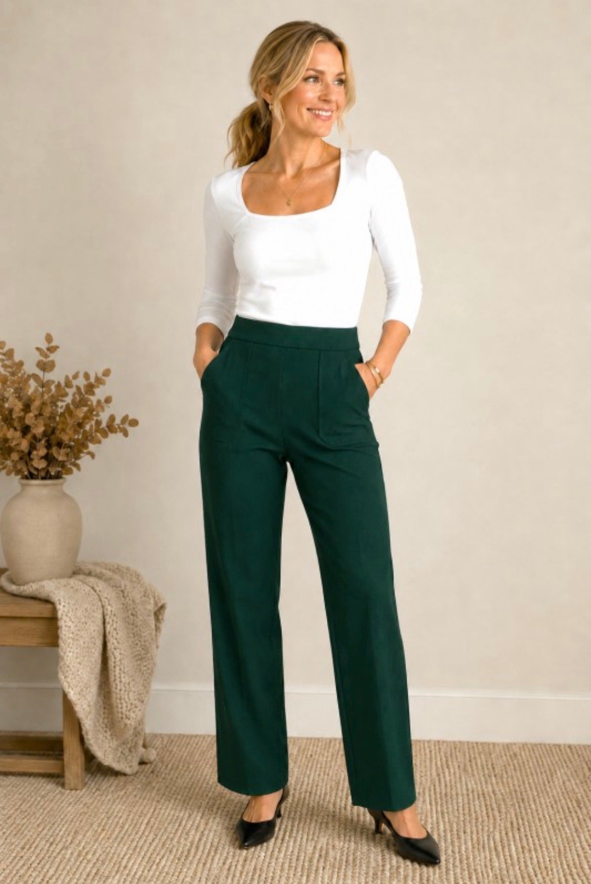 PINE Twill Stretch Wide Leg Patch Pocket Pants Hunter Green