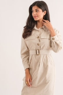 TC L/S Utility Button Down Belted Dress Beige