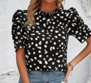 NINE Ruffle Neck 3/4 Puff Sleeve Blk Dots Blouse