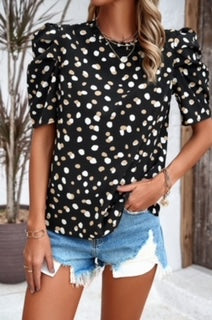 NINE Ruffle Neck 3/4 Puff Sleeve Blk Dots Blouse