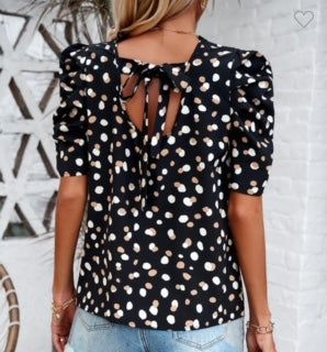 NINE Ruffle Neck 3/4 Puff Sleeve Blk Dots Blouse