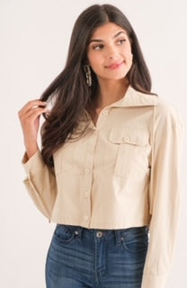 TC L/S Utility Button Down Top Beige