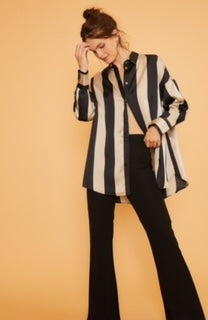 AW Wide Stripe Satin Effect OVSZ Blouse Blk/Khaki