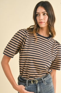 AW S/S Striped Puff Sleeve Knit Top