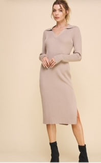 AR Ribbed V Neck Collar Long Sweater Dress