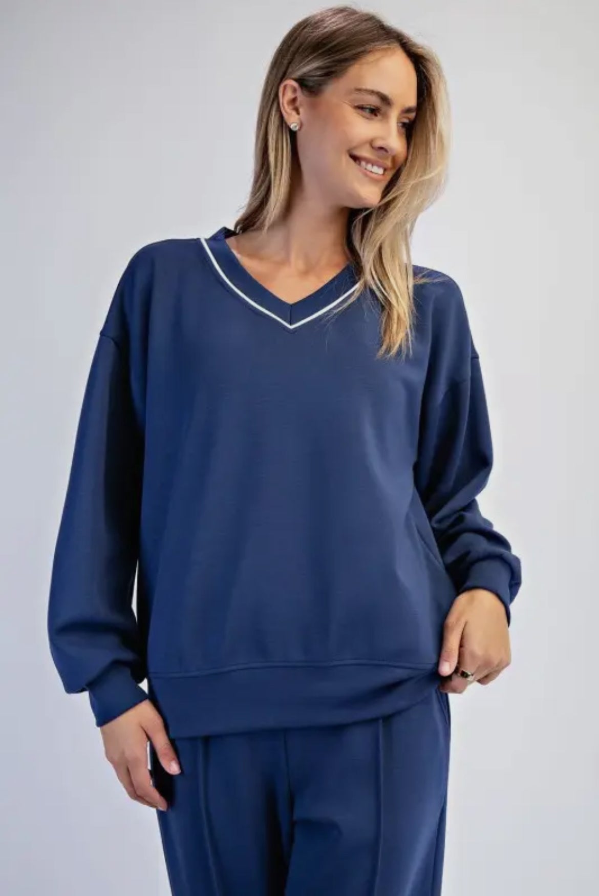 MR Modal Scuba V Neck Piping Top Light Navy