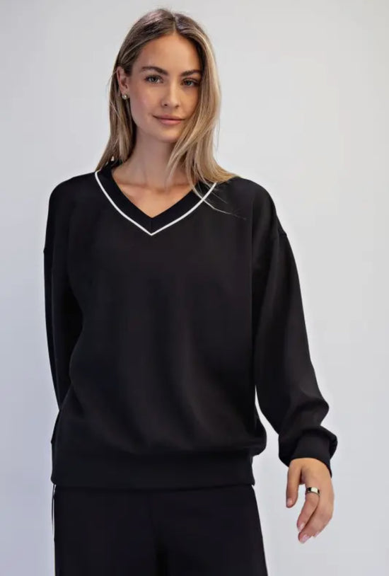 MR Modal Scuba V Neck Piping Top Blk/Cream