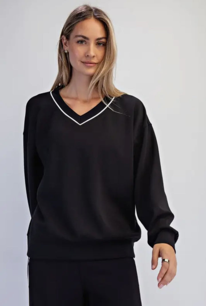 MR Modal Scuba V Neck Piping Top Blk/Cream