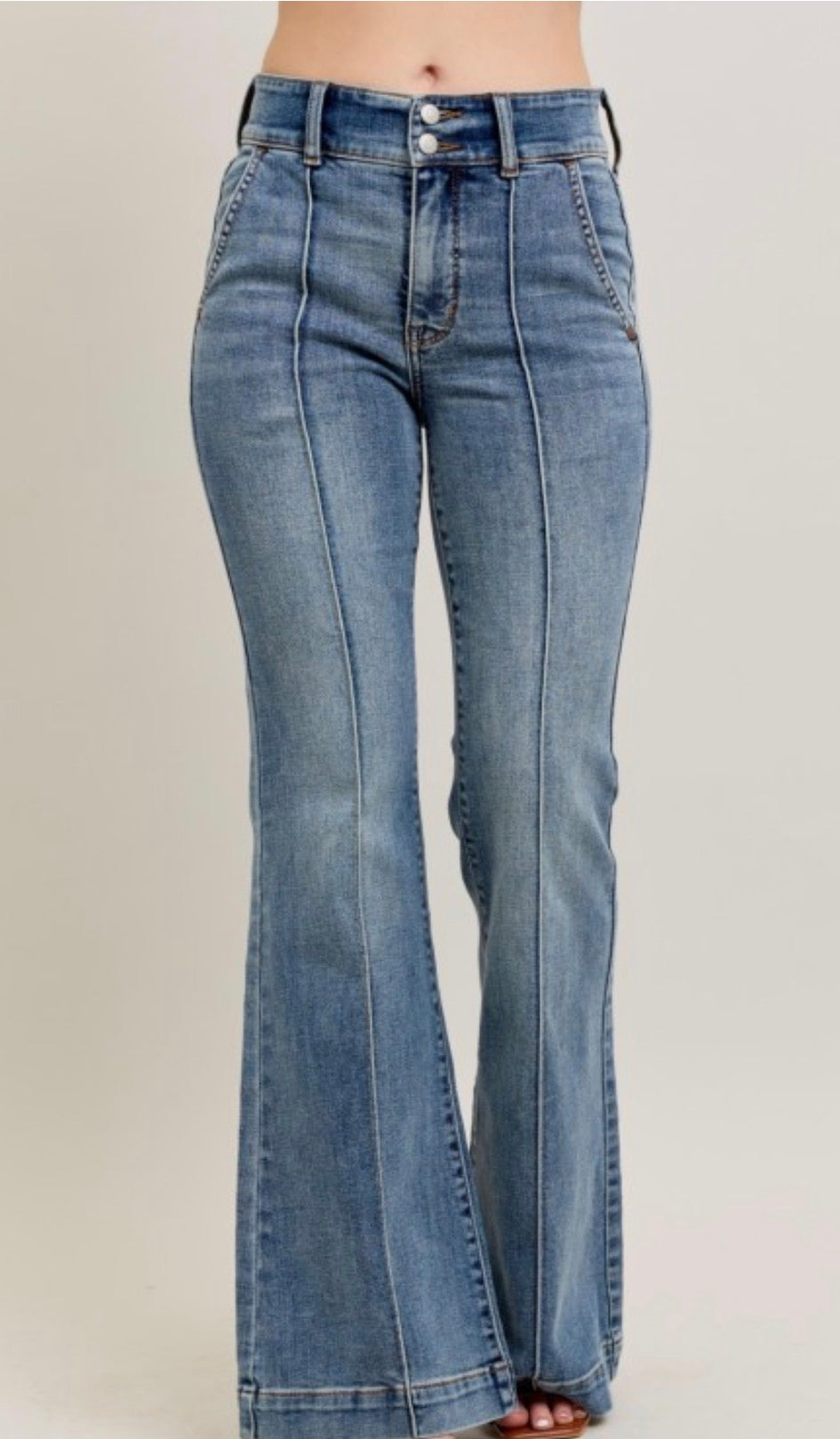Judy Blue High Waist Double Button Stretch Flare Trouser w/front seam Medium Wash 33 1/2 Inseam "
