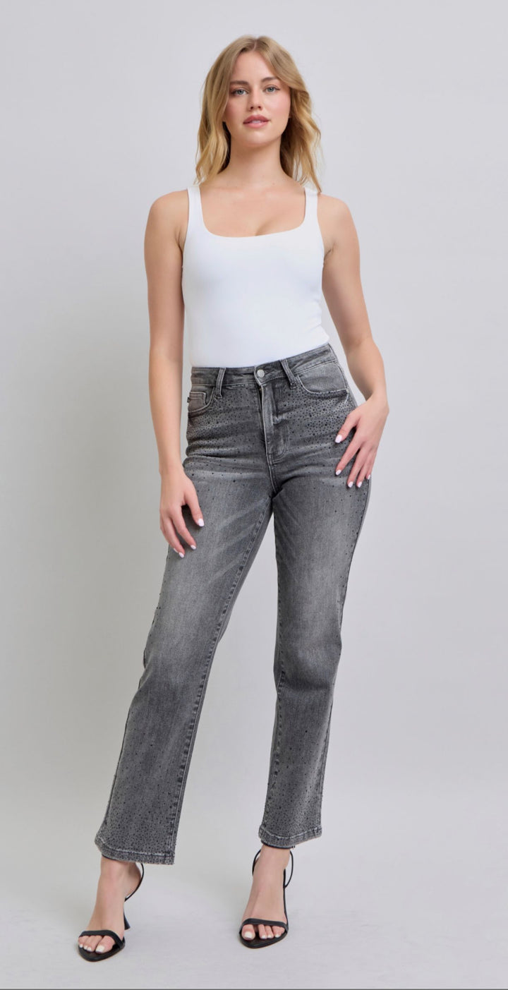 Judy Blue Grey High Waist Straight Leg Rhinestone Detail