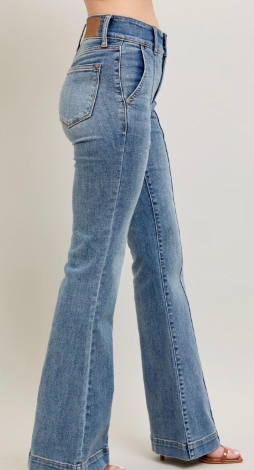 Judy Blue High Waist Double Button Stretch Flare Trouser w/front seam Medium Wash 33 1/2 Inseam "