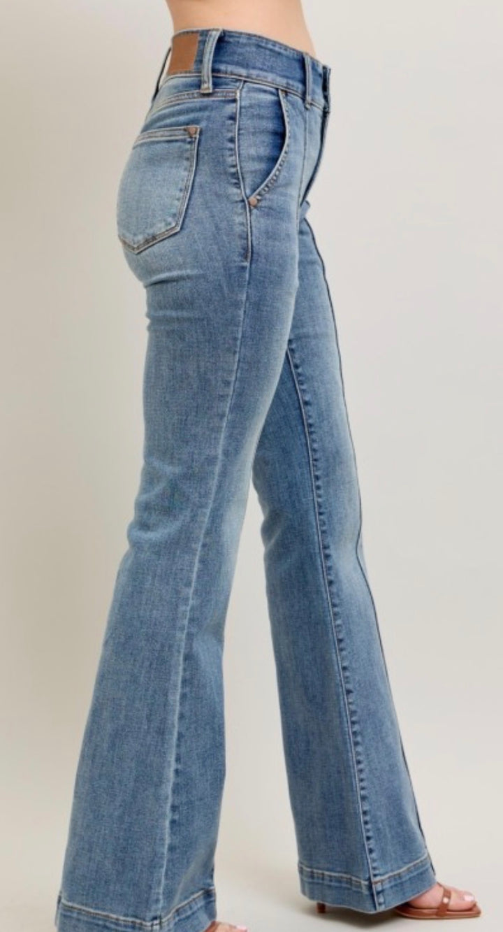 Judy Blue High Waist Double Button Stretch Flare Trouser w/front seam Medium Wash 33 1/2 Inseam "