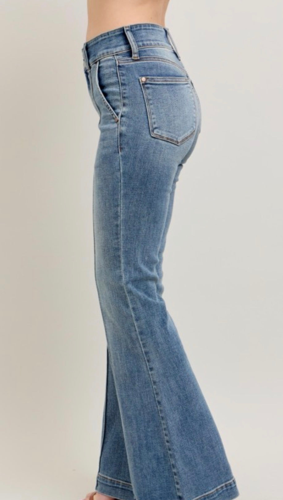 Judy Blue High Waist Double Button Stretch Flare Trouser w/front seam Medium Wash 33 1/2 Inseam "