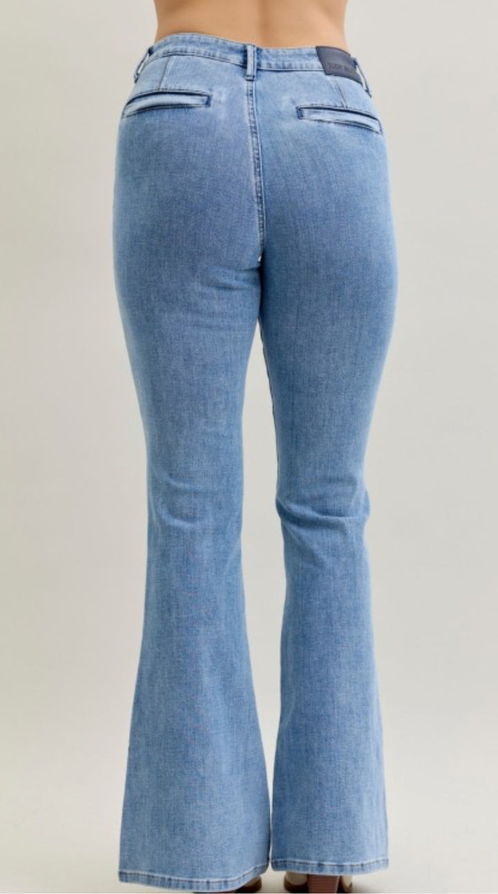 Judy Blue High Rise Flare Front Patch & Welt Pockets