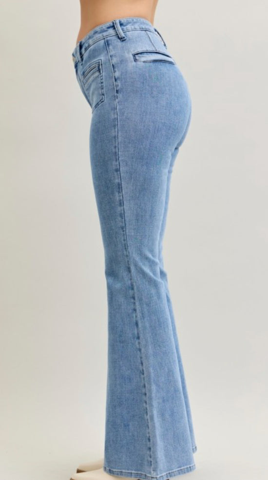 Judy Blue High Rise Flare Front Patch & Welt Pockets