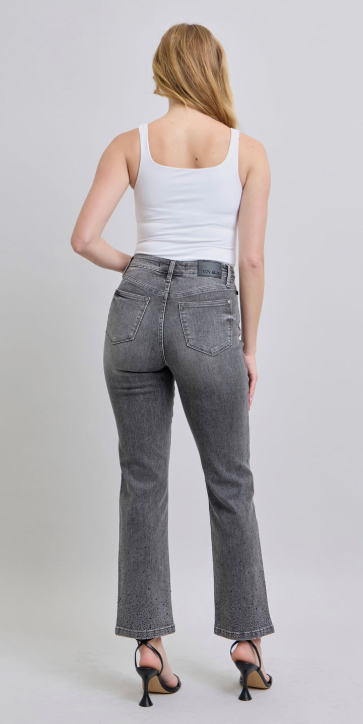 Judy Blue Grey High Waist Straight Leg Rhinestone Detail