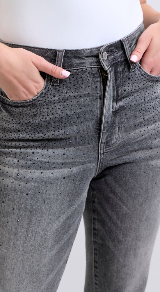 Judy Blue Grey High Waist Straight Leg Rhinestone Detail