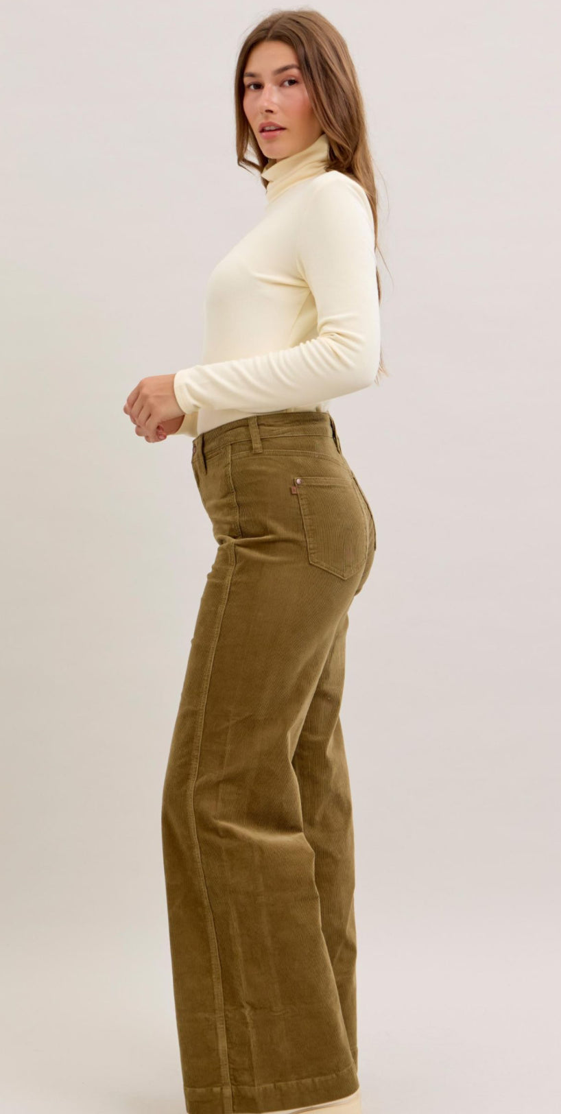 Judy Blue HIGH WAIST RETRO WIDE CORDUROY JEANS OLIVE 33" Inseam