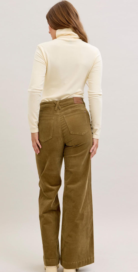Judy Blue HIGH WAIST RETRO WIDE CORDUROY JEANS OLIVE 33" Inseam