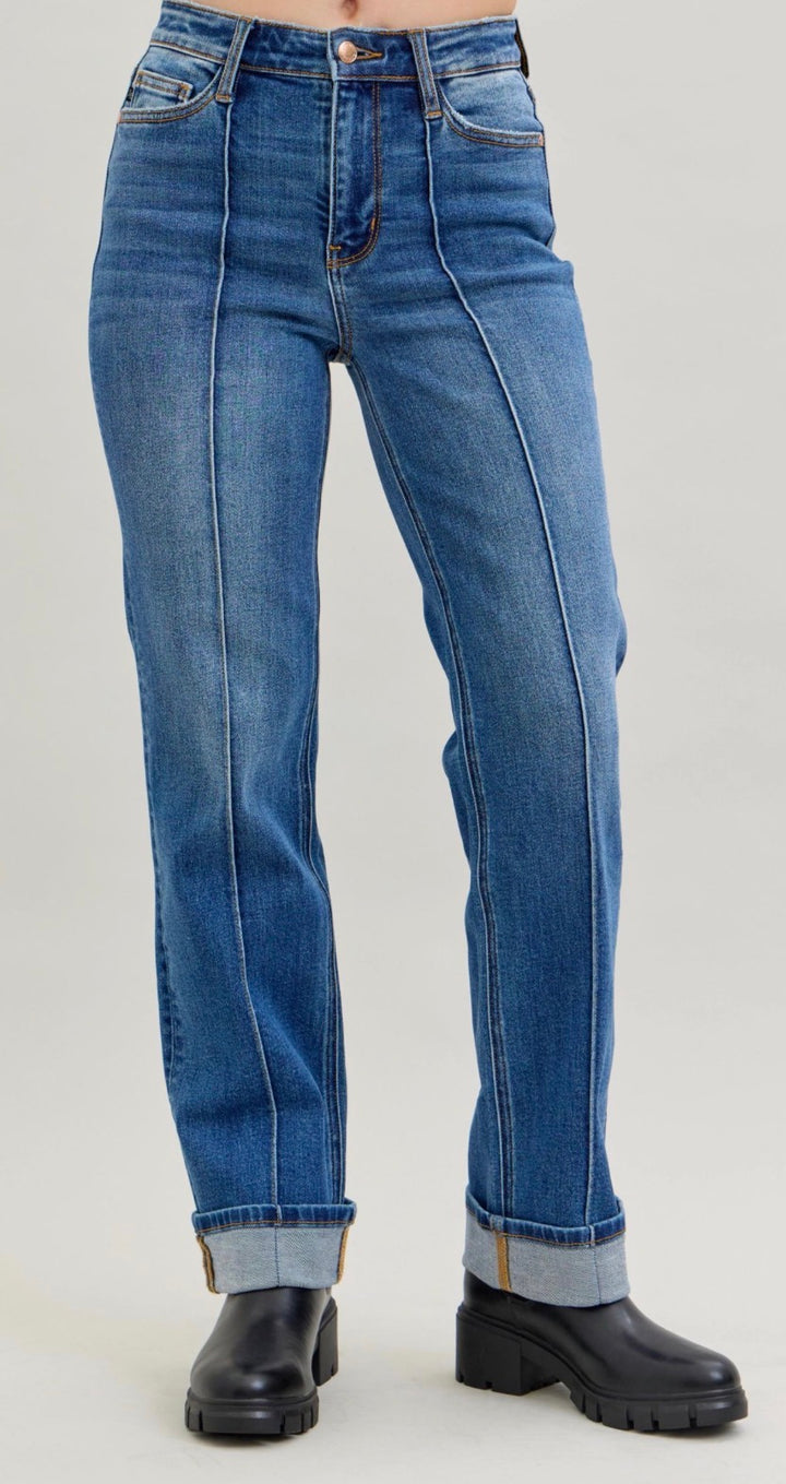 Judy Blue Stretch High Waist Front Seam Cuff 30"/Uncuffed 32 1/2" Straight Med Wash Denim
