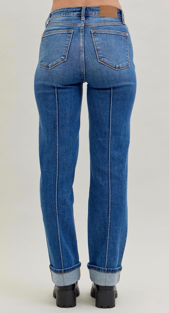 Judy Blue Stretch High Waist Front Seam Cuff 30"/Uncuffed 32 1/2" Straight Med Wash Denim