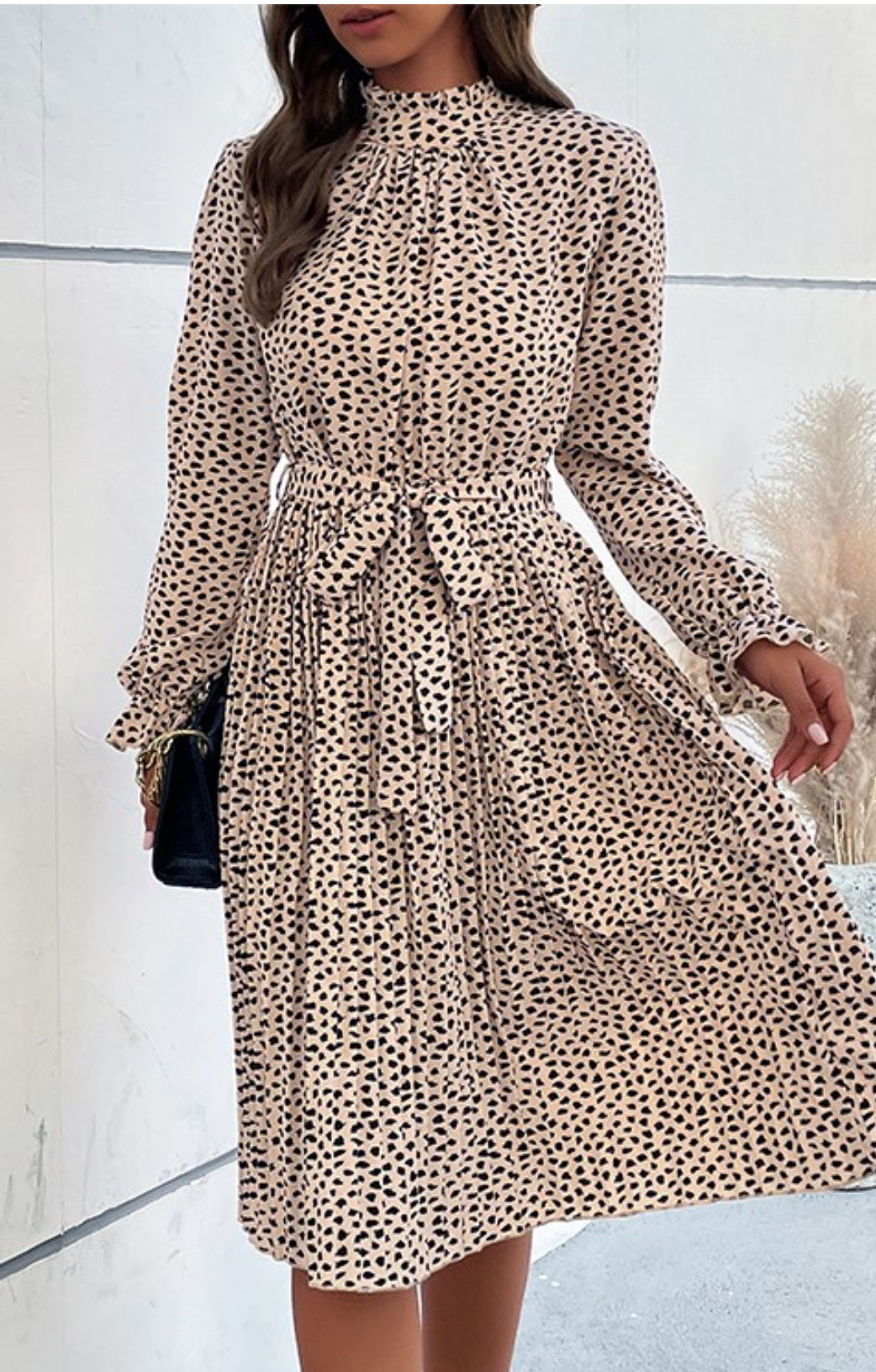 tan and black print dress long sleeve mid length