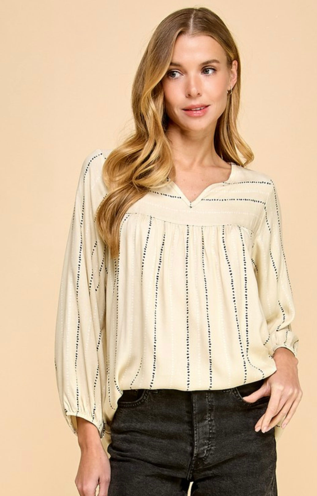 Les Amis Long Sleeve Top Cream with Black Dot Pattern