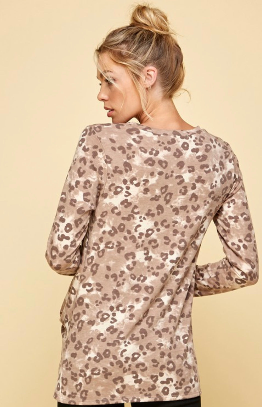 Les Amis Long Sleeve Animal Print Mocha Top with Tie Side Waist
