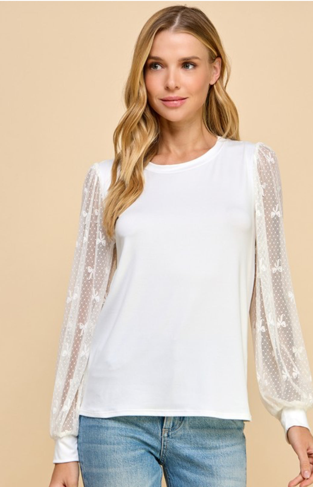 Les Amis Sheer Sleeve with Bow Detail White